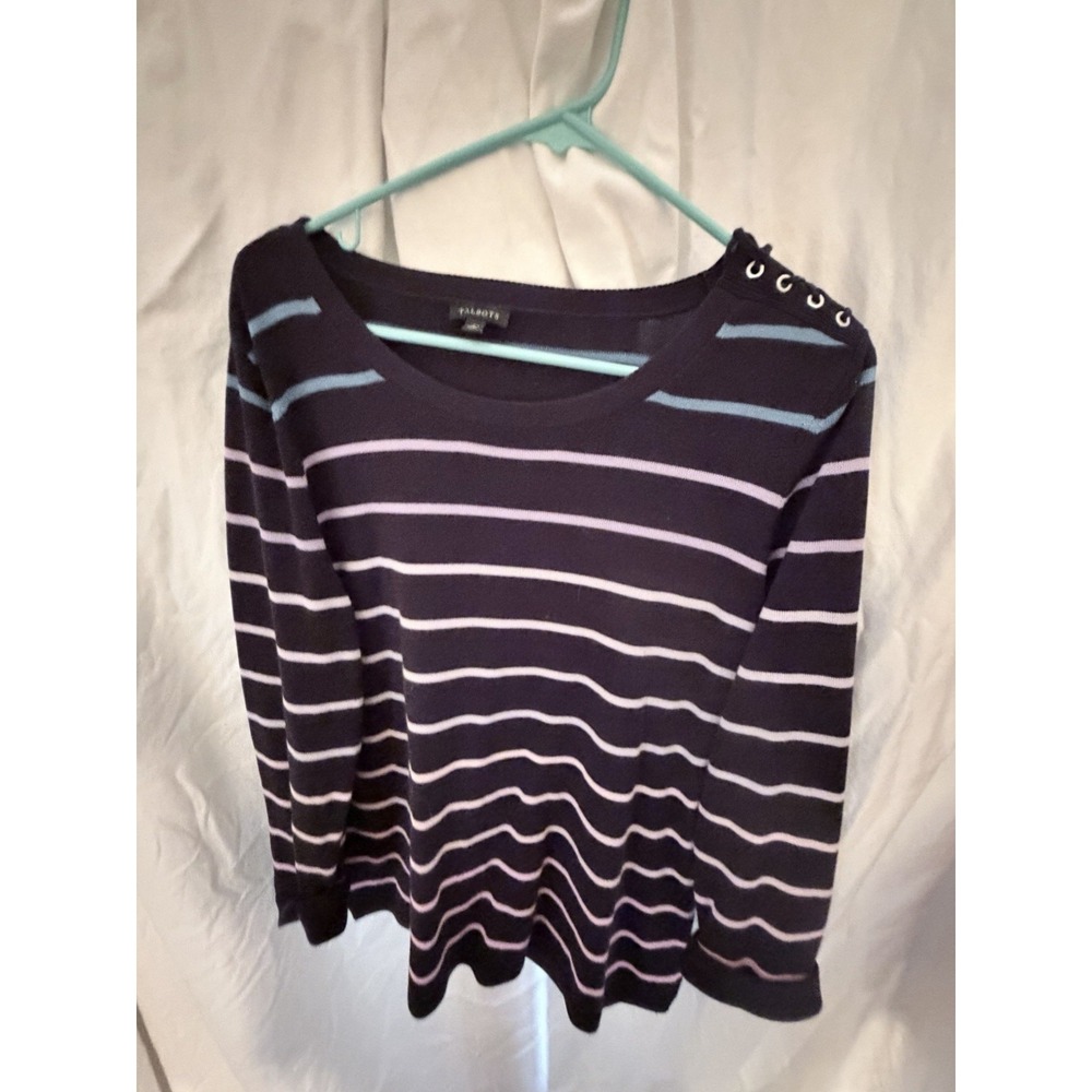 Talbots Large Navy Ombré Stripe sweater Long Sleeve Tie Shoulder